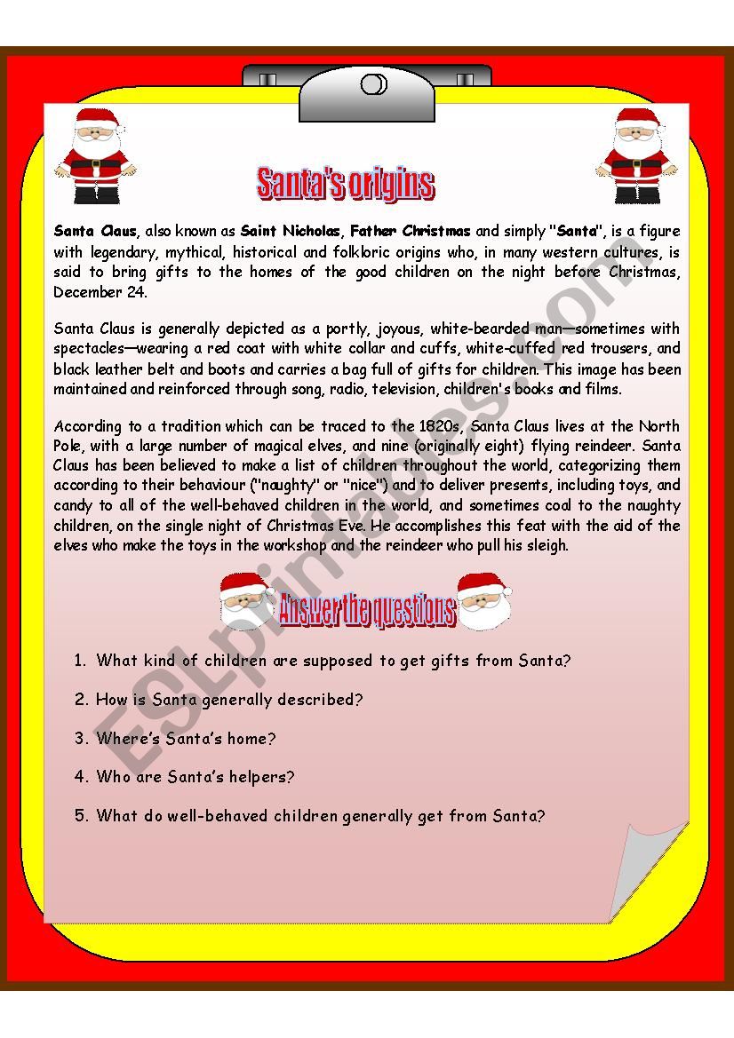 Santas origins worksheet