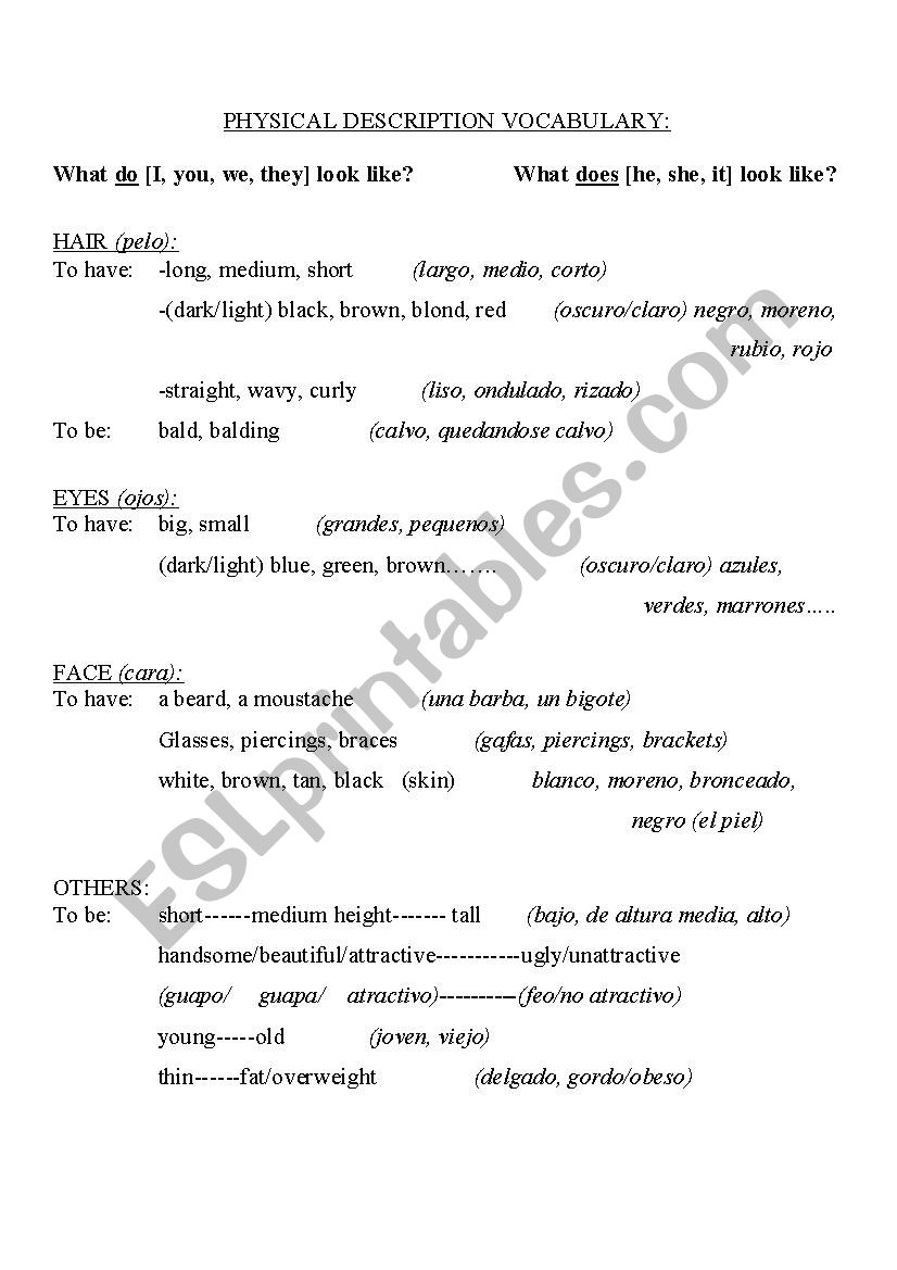 Physical and Personality Descriptions