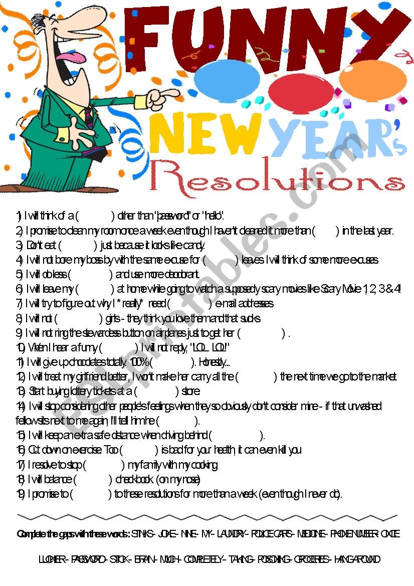  Funny New Years Resolutions- Vocabulary gap-filling activity(reuploaded,key is given)