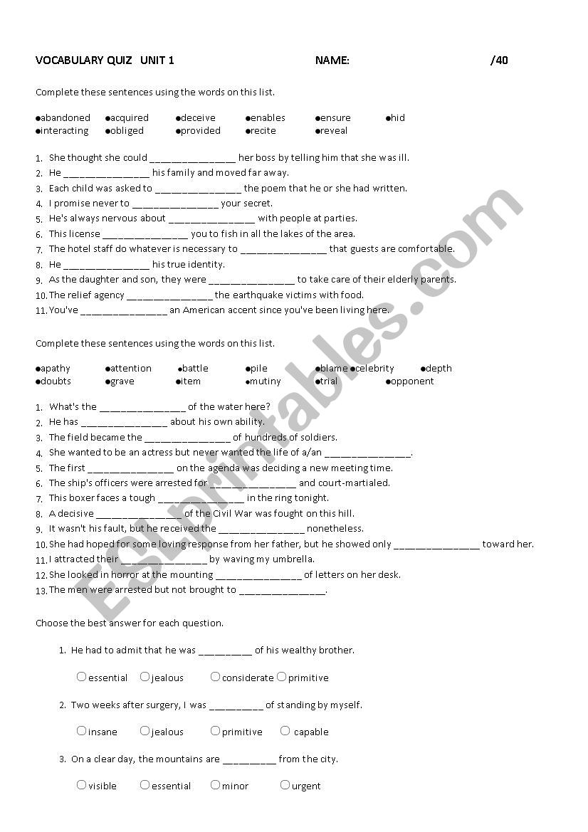 English vocabulary quiz unit 1 Identity online exercise for