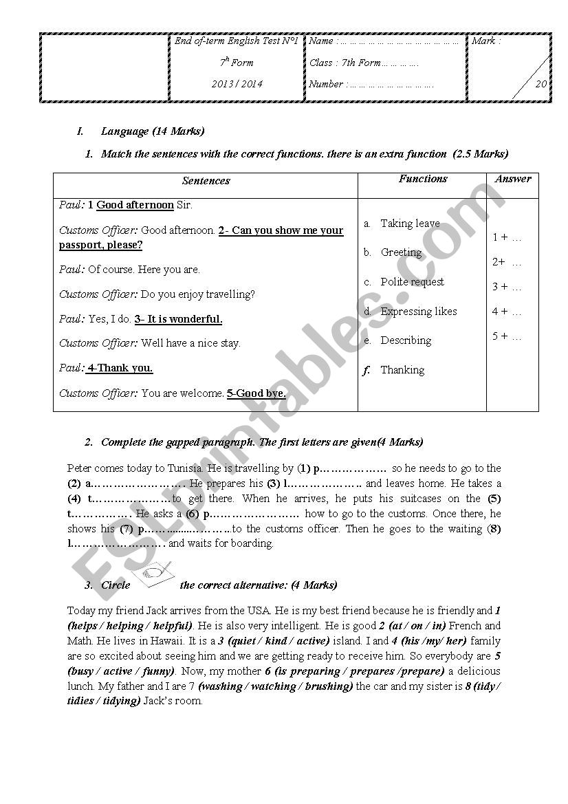 7 th  End of term Test worksheet