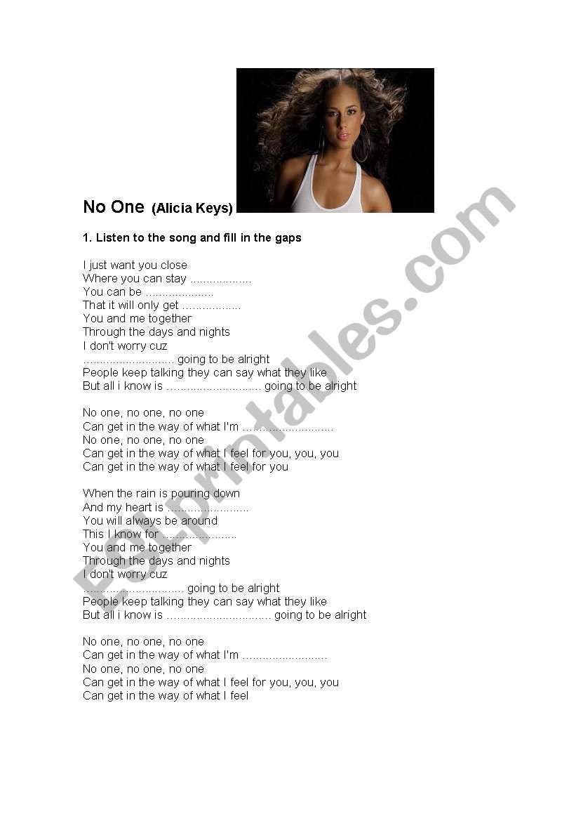 NO ONE (Alicia Keys) worksheet