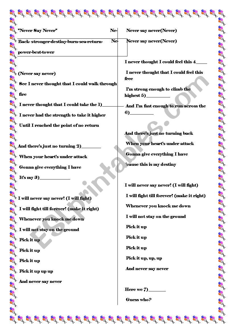 never say never lyrics worksheet