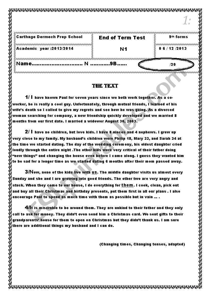 mid term test 1 9th forms worksheet