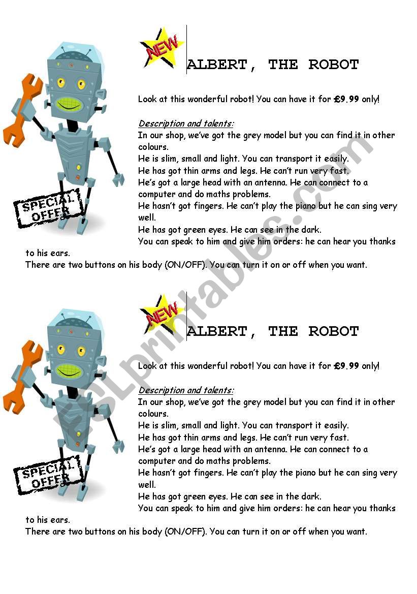 Albert, the robot worksheet