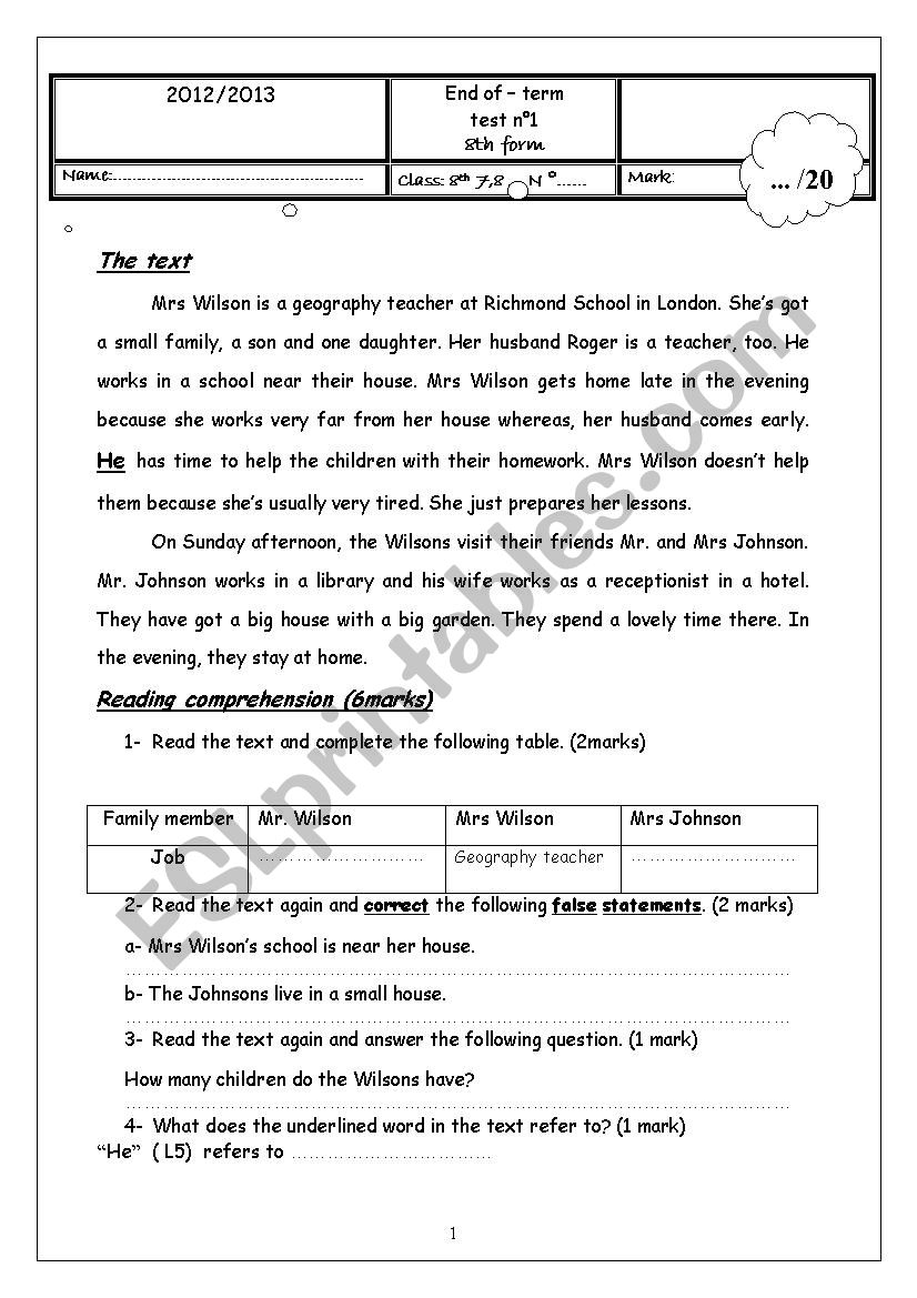 End of term test 8th form worksheet