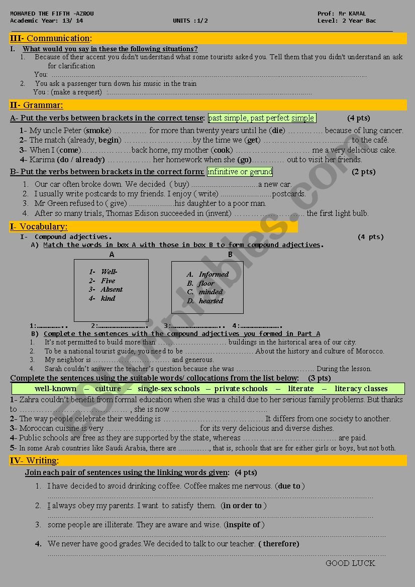 test N1 worksheet