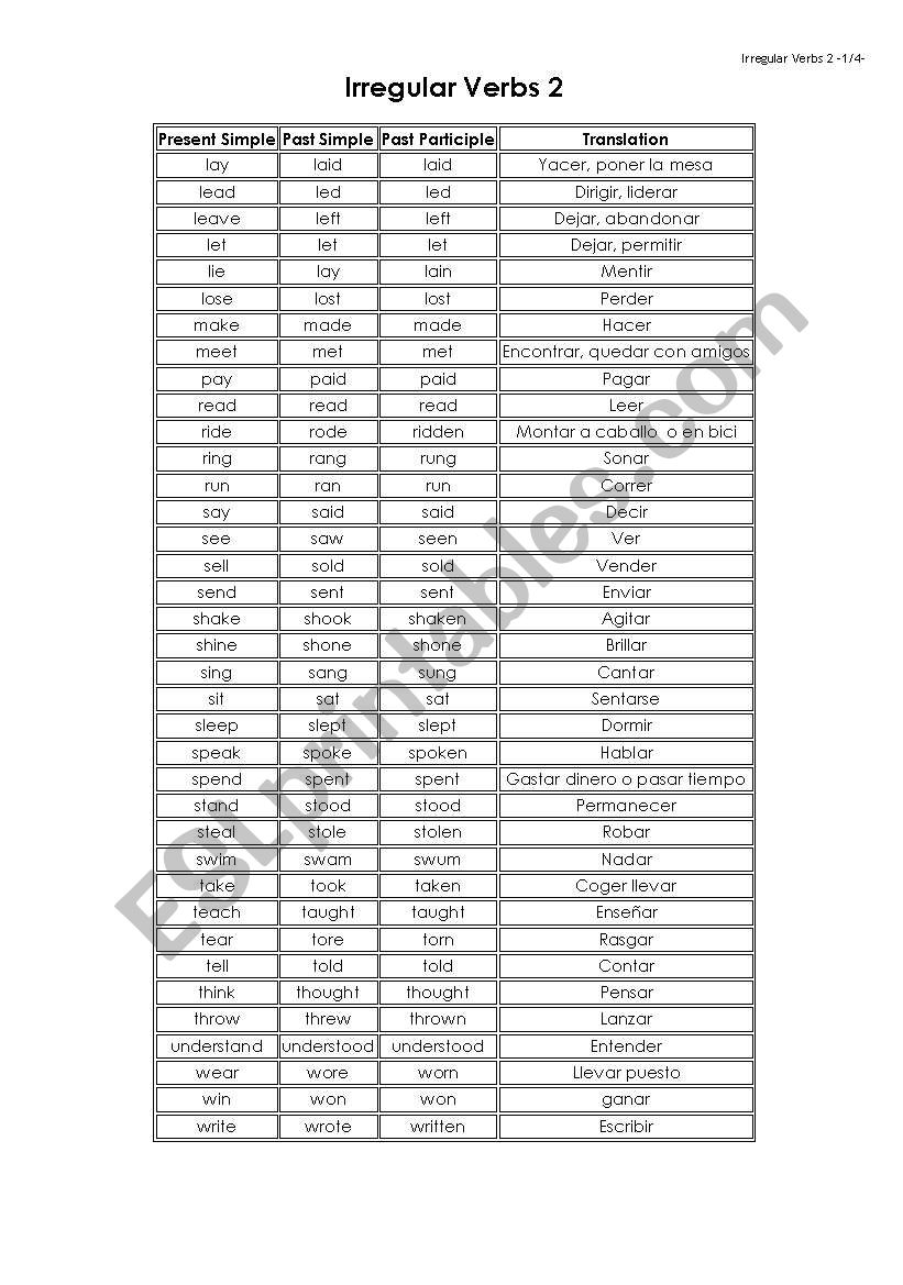 Irregular verbs 2 worksheet