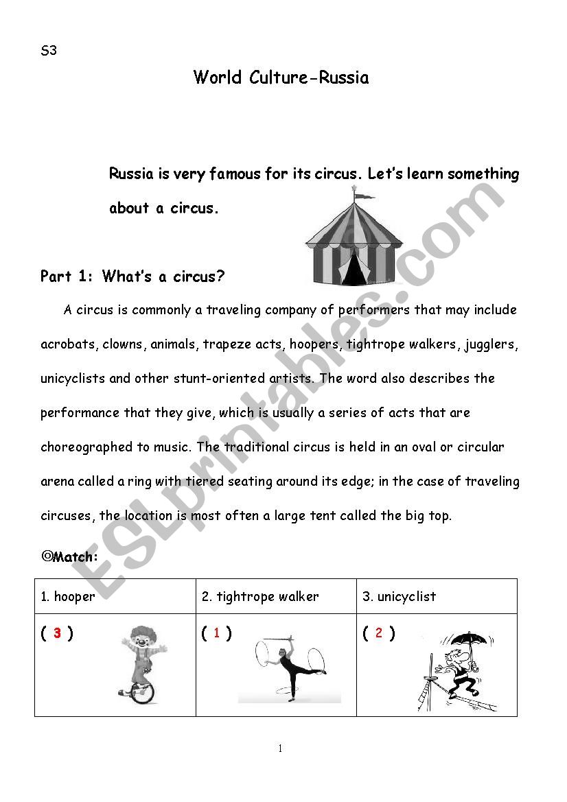 Russia-circus worksheet