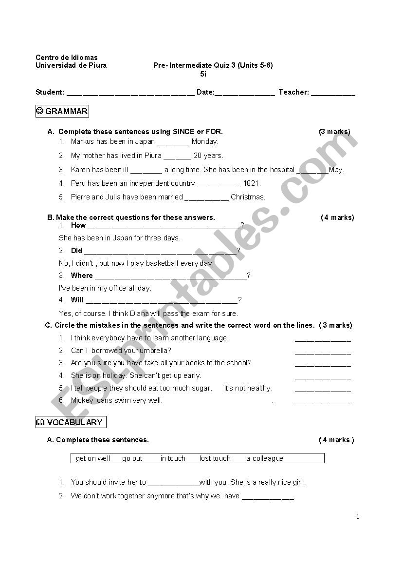 Complete Pre-Intemediate Quiz worksheet