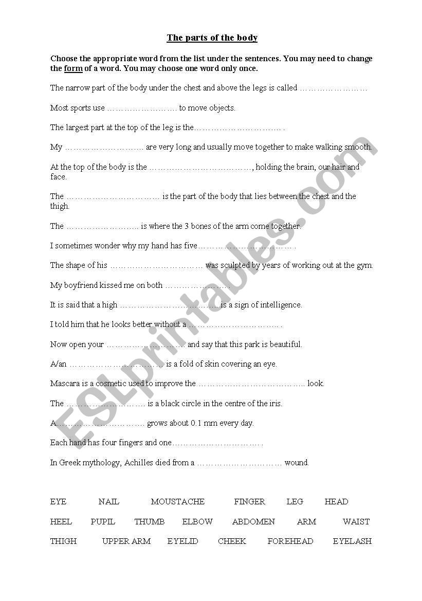 Parts of the body TEST worksheet