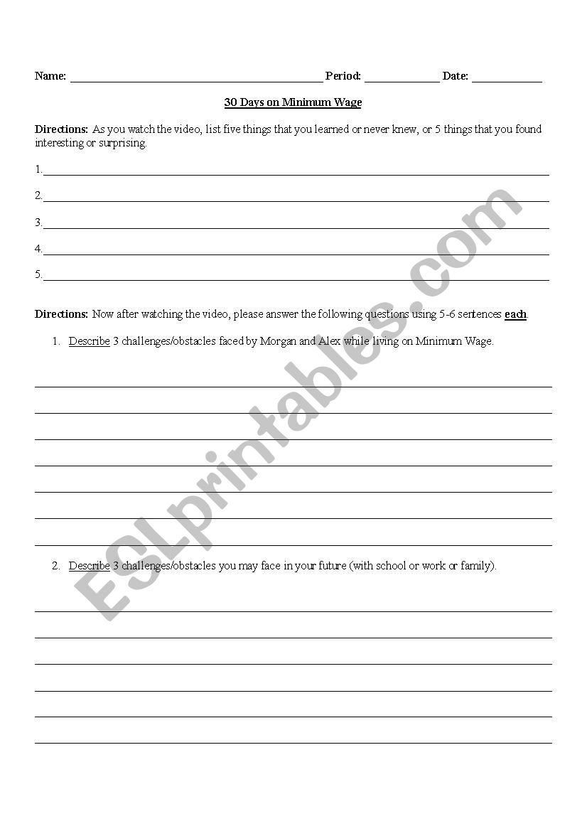 30 Days - Minimum Wage -  Movie Guide Sheet 