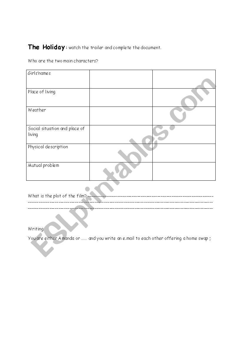 The holiday (movie) worksheet