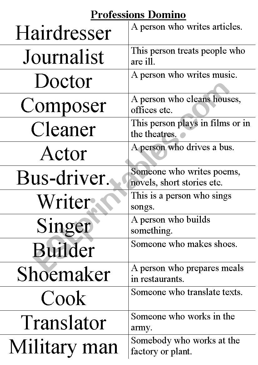 Professions Domino worksheet