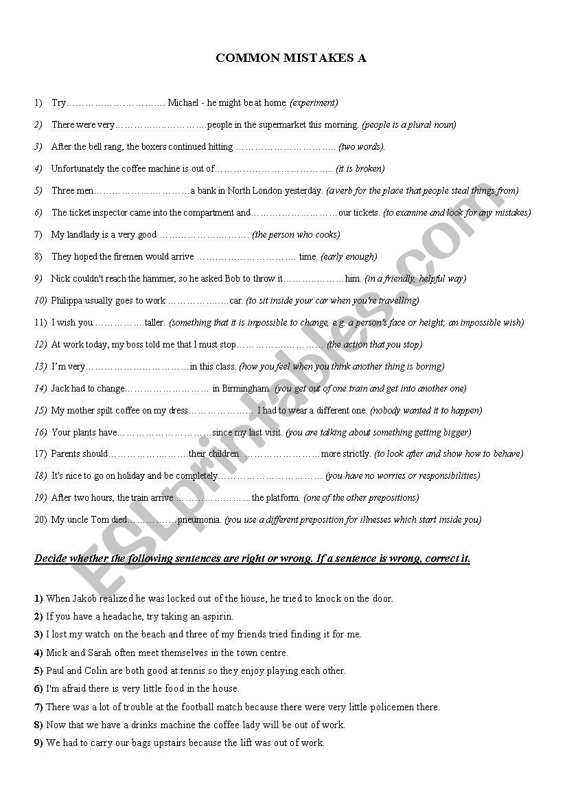 Common Mistakes part 1 worksheet