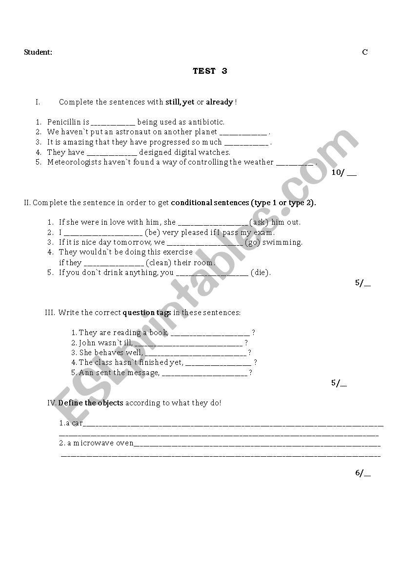 test worksheet