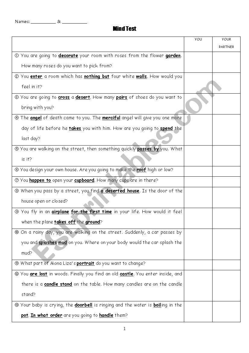 Mind Test worksheet