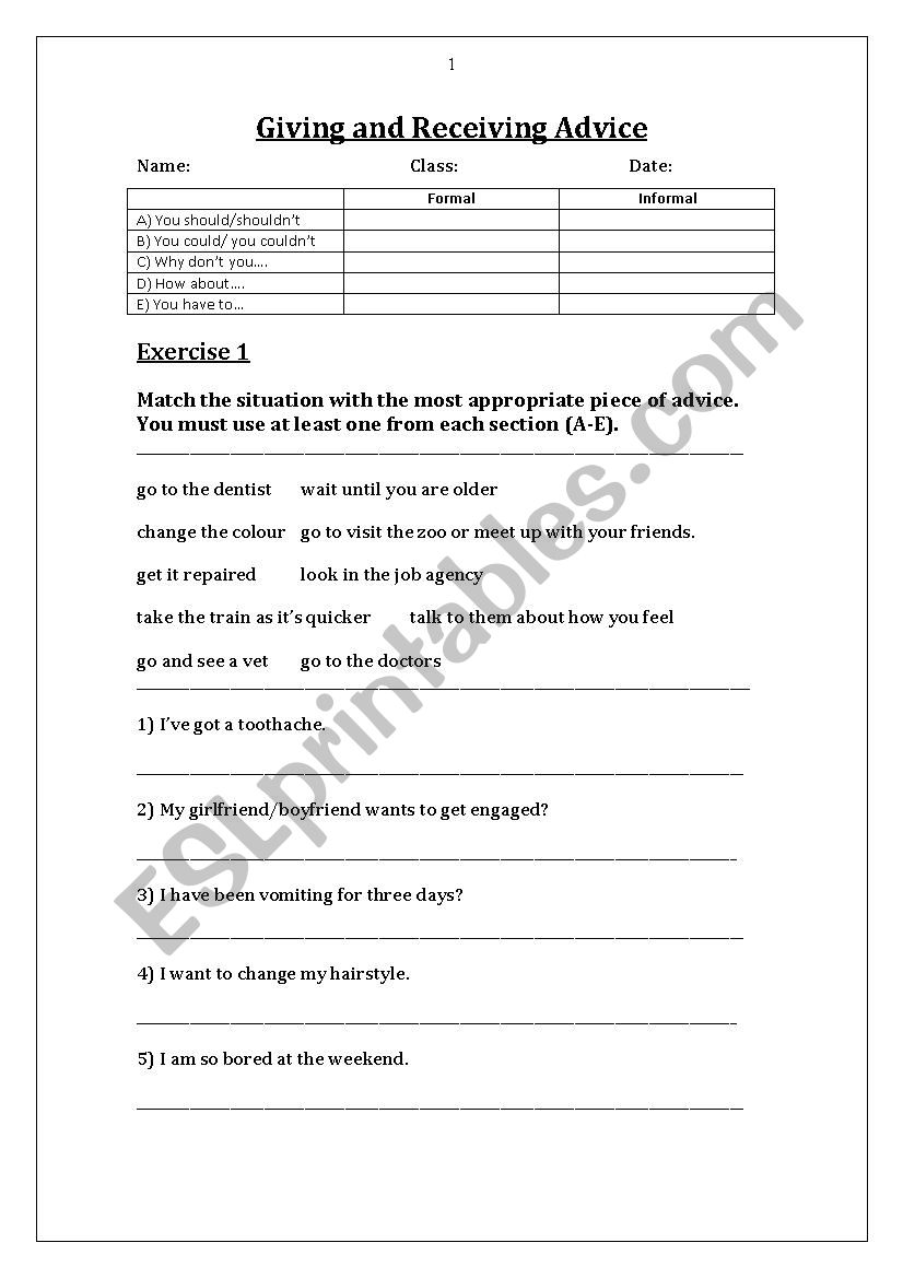 Giving and Receiving Advice worksheet