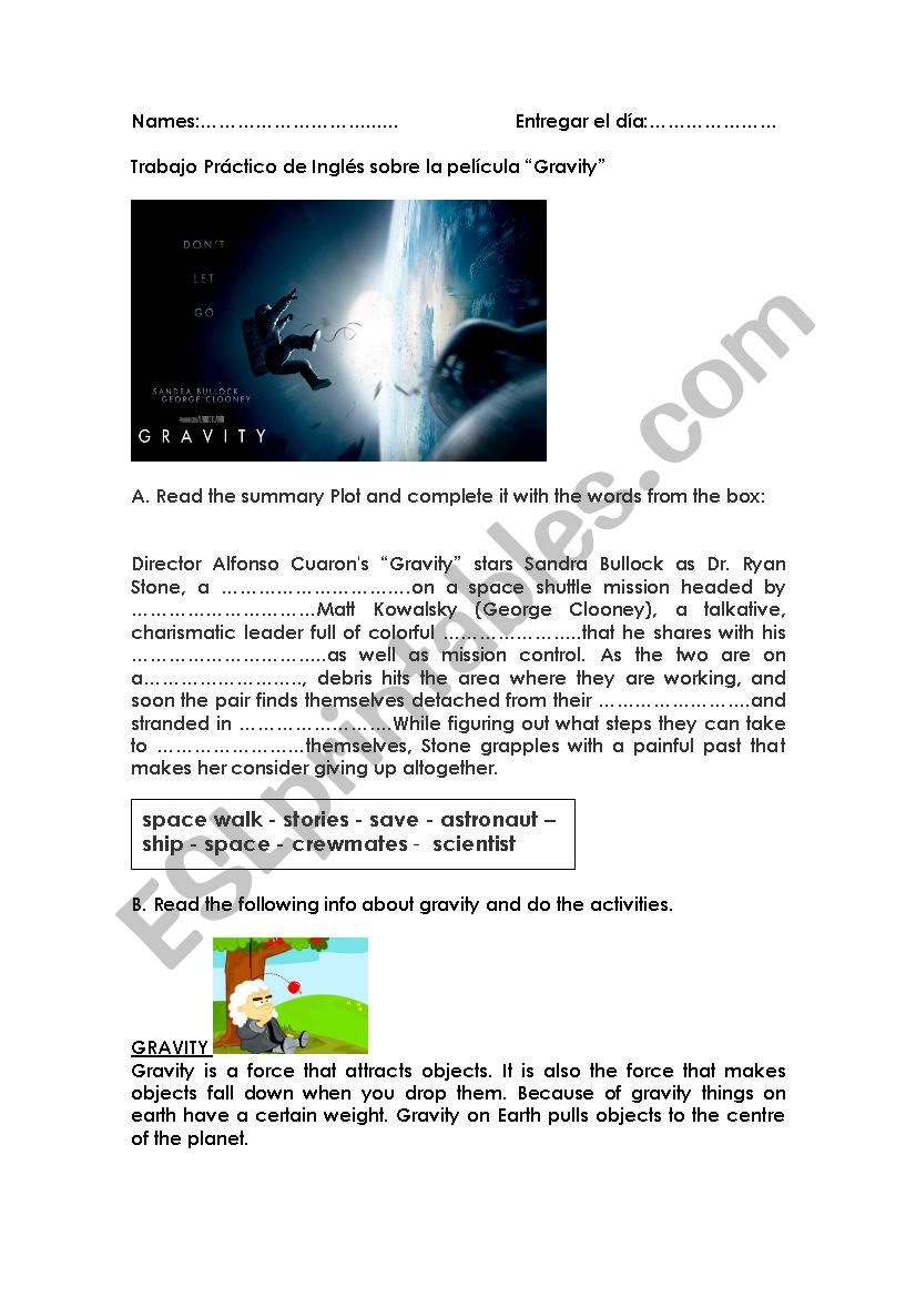 gravity 2013 movie worksheet