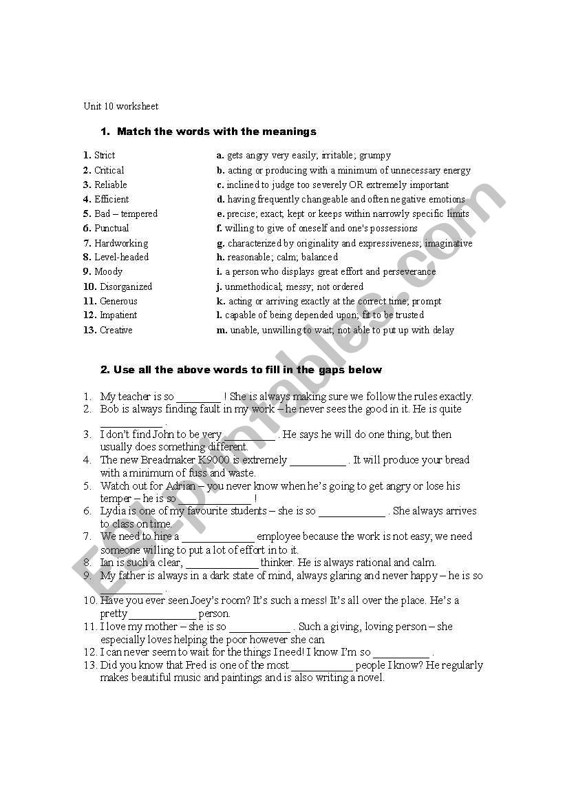 Personality traits worksheet