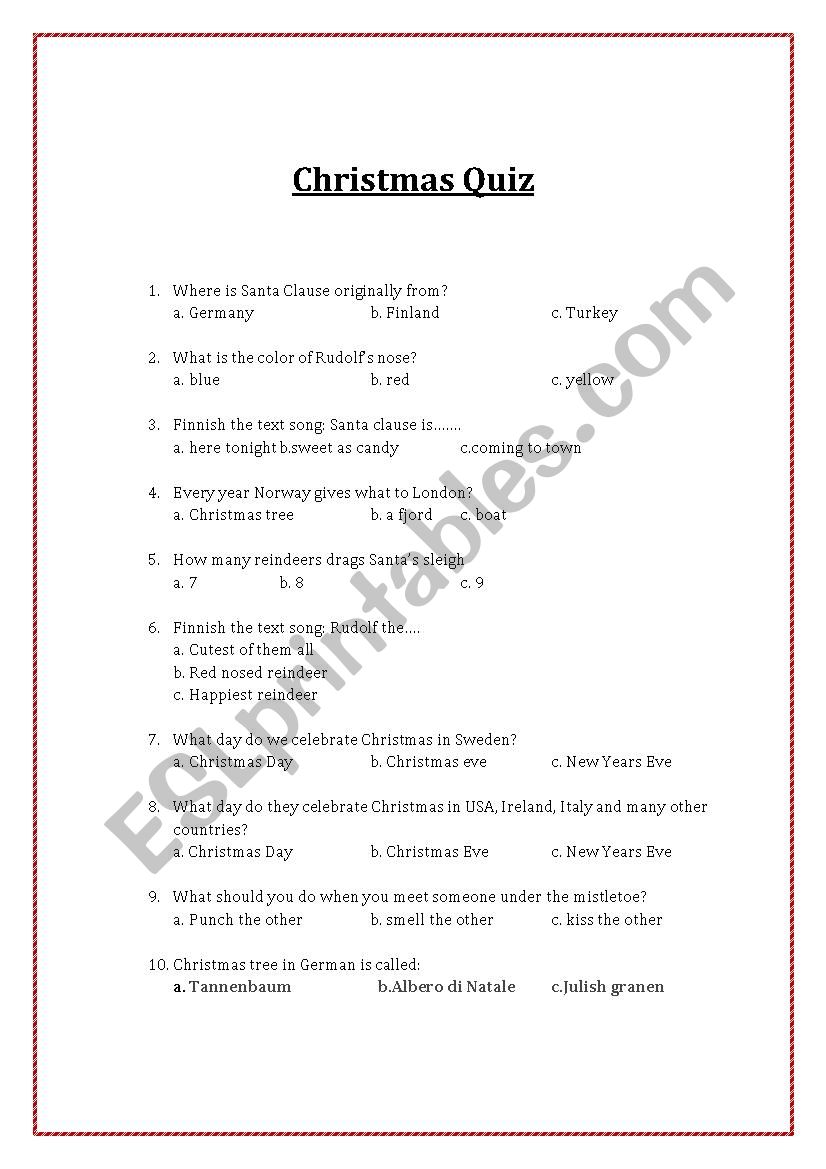 Christmas quiz worksheet