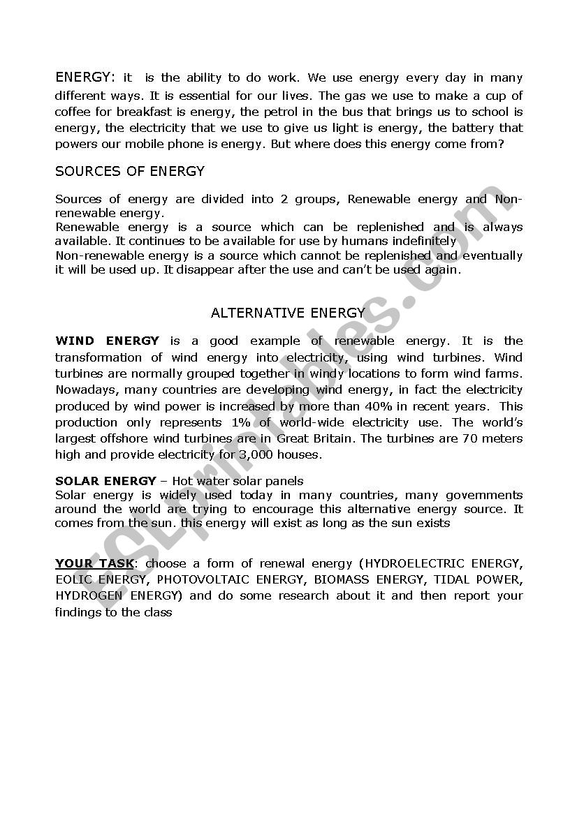 alternative energy worksheet