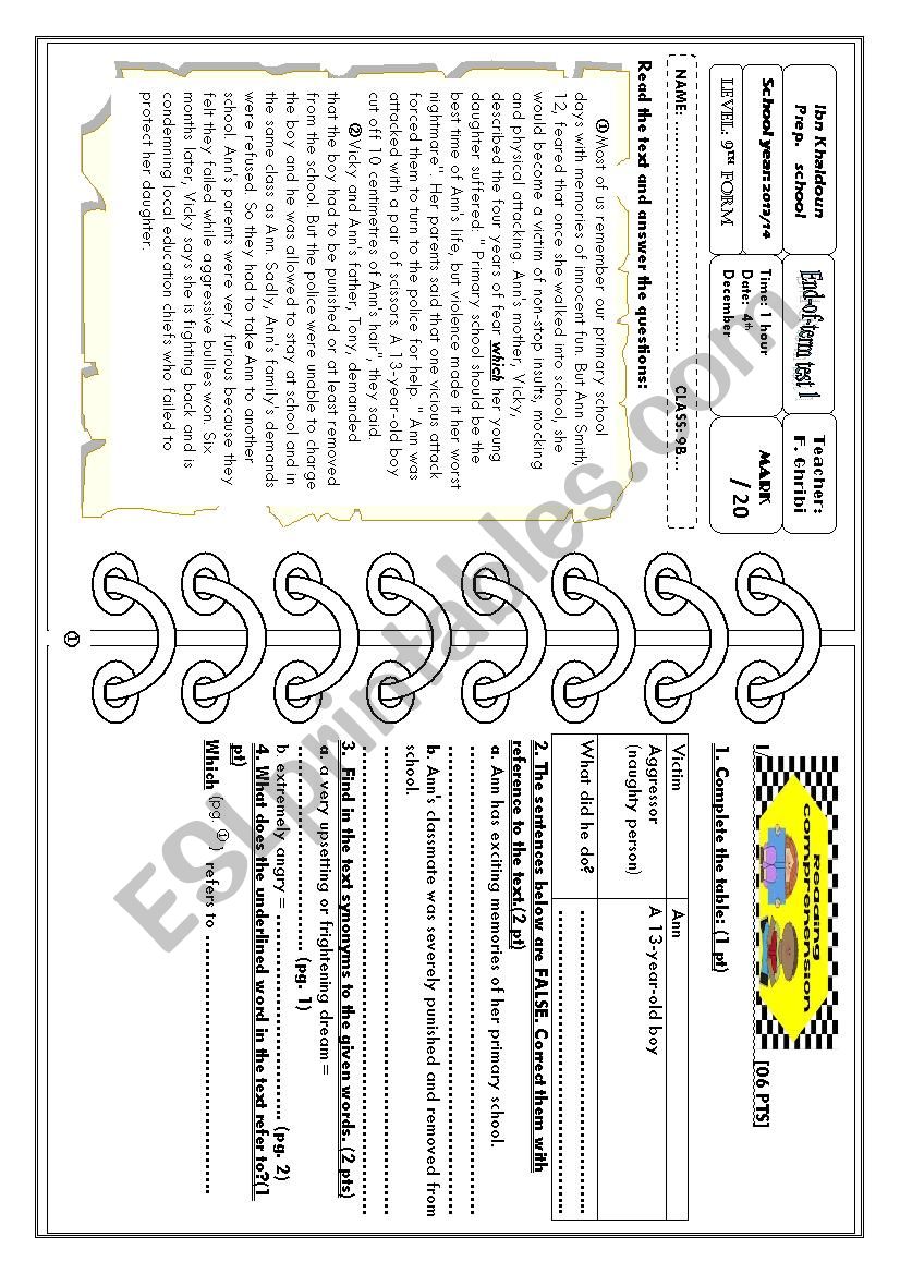 end-of-term test 1   tunisian 9th form  sts  