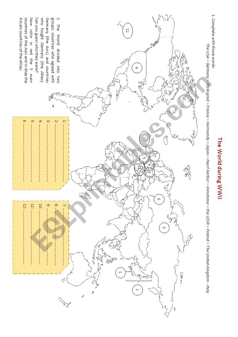 Map of the world during WWII worksheet