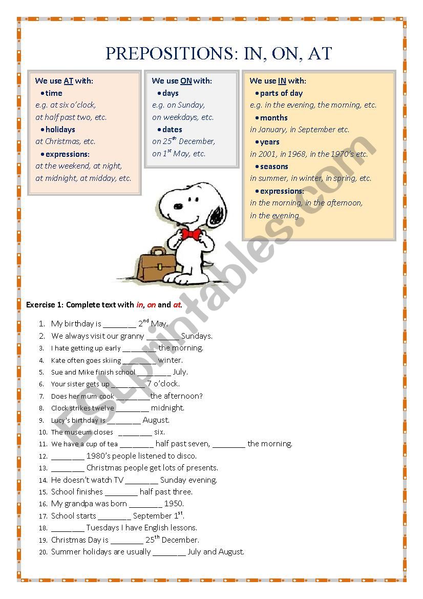 Prepositions IN, ON, AT worksheet