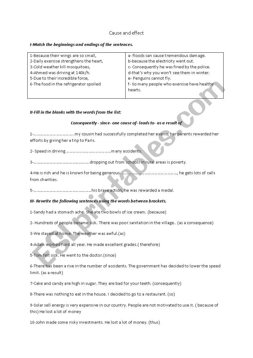 Cause and effect  worksheet