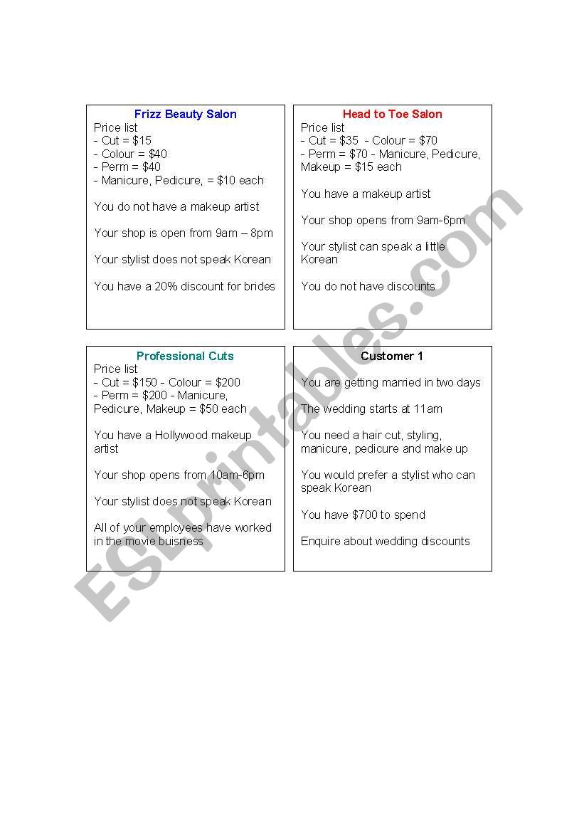 Gym Role Play Cards worksheet
