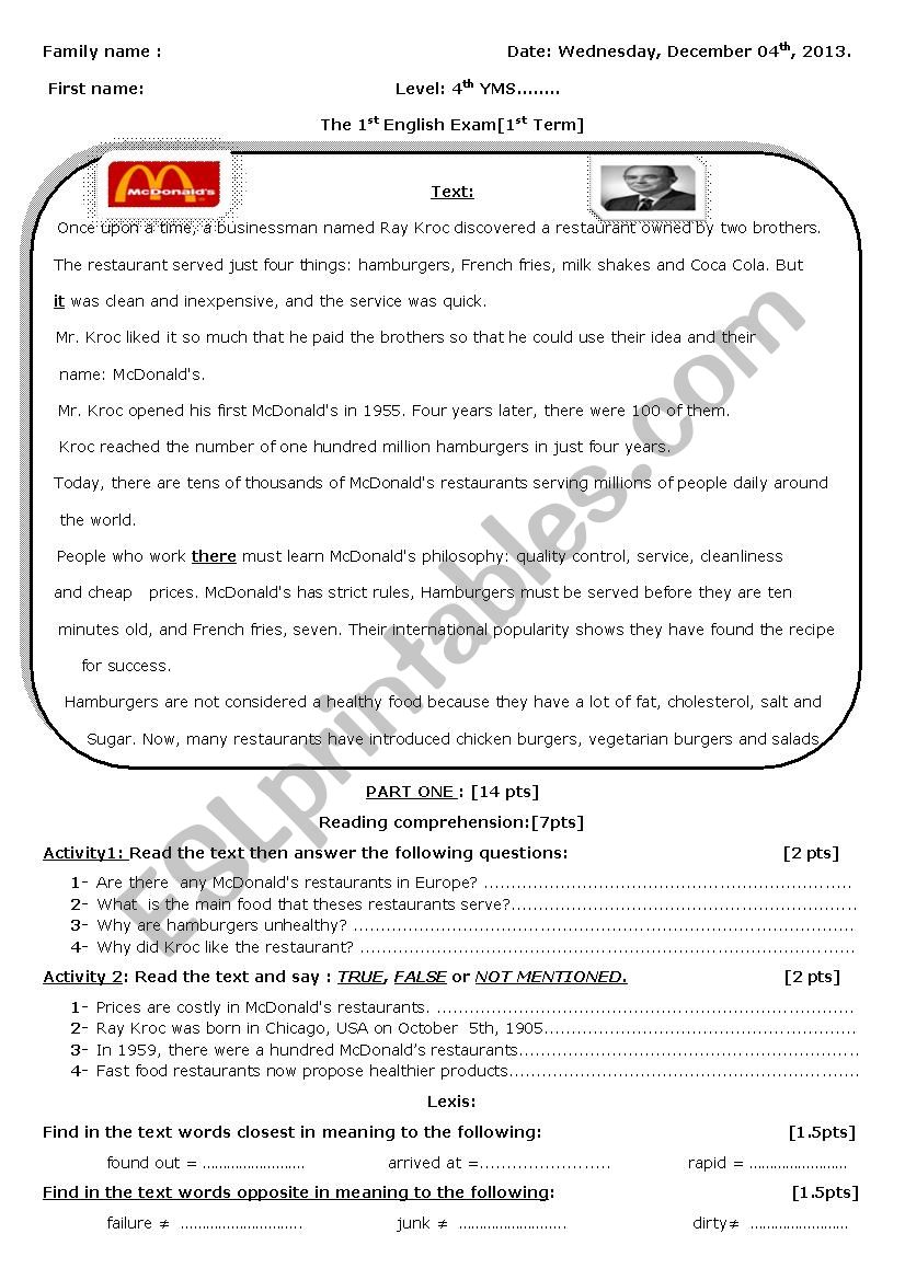 Reading comprehesion Exam worksheet