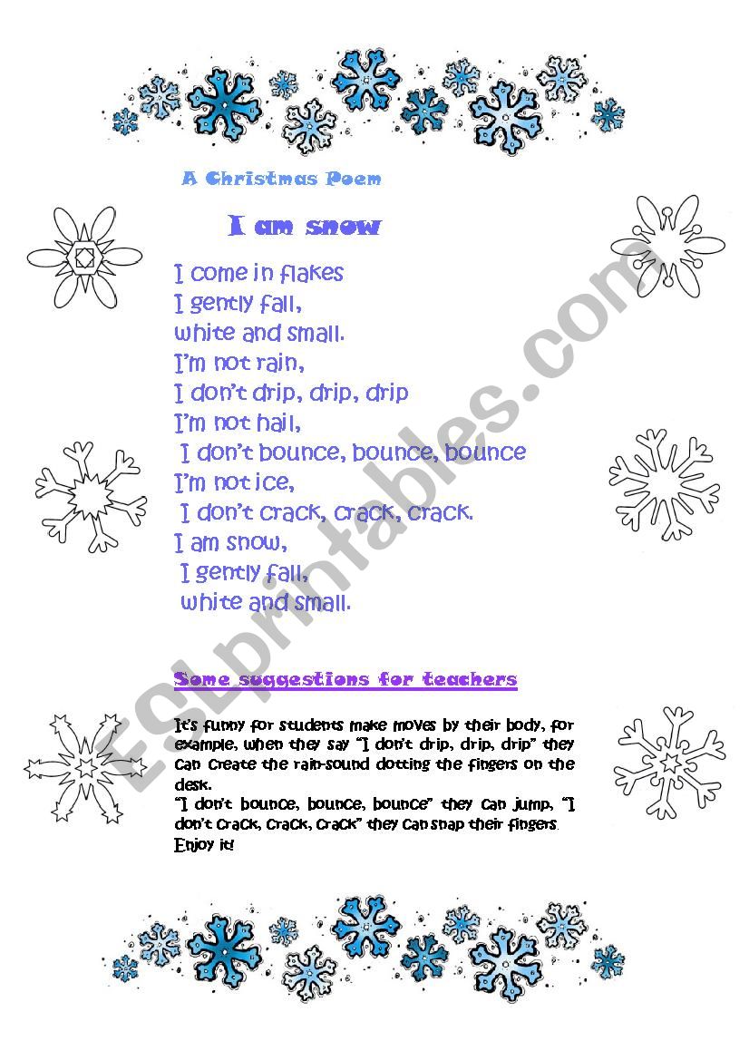 A Christmas Poem: I am snow worksheet