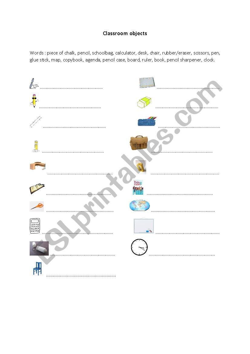 Classroom objects worksheet