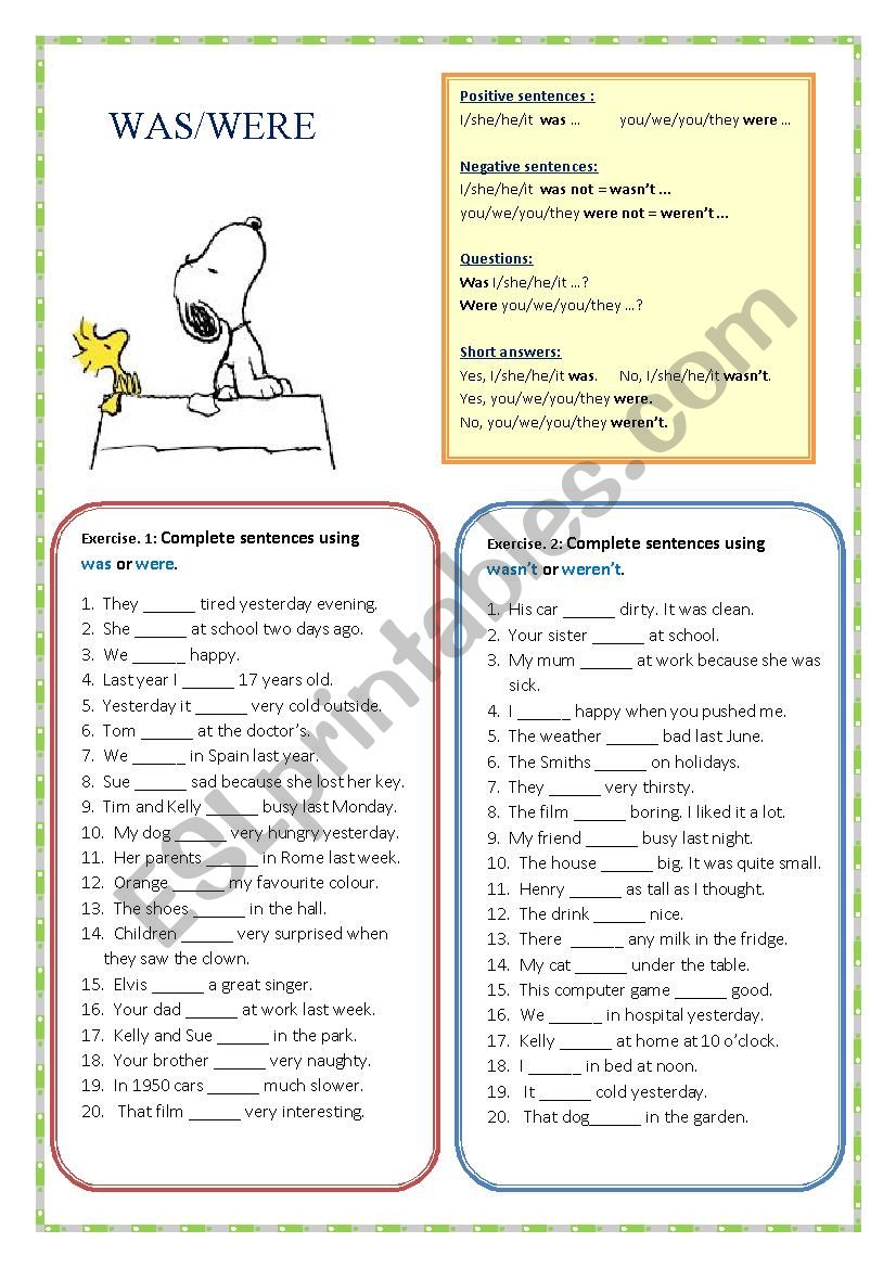 Was Were simple exercises worksheet