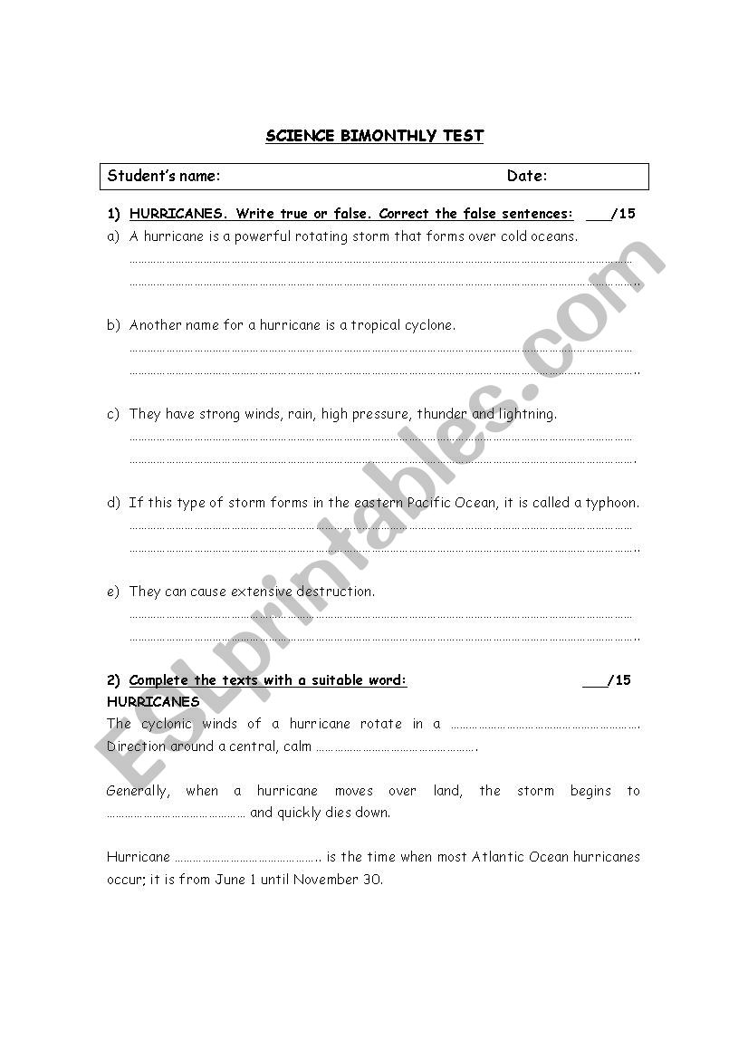 Natural Disasters test worksheet