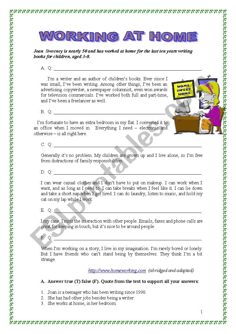 Working at home worksheet
