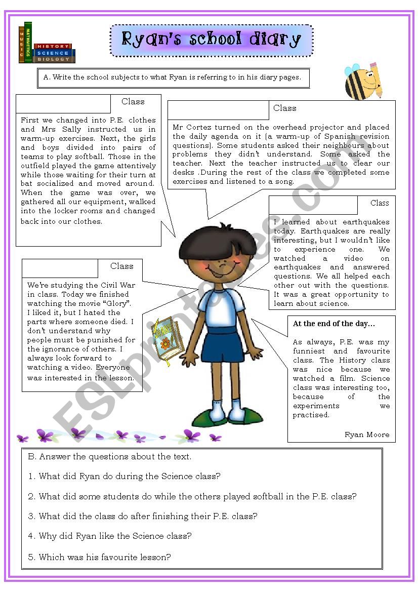 RyanÂ´s school diary worksheet
