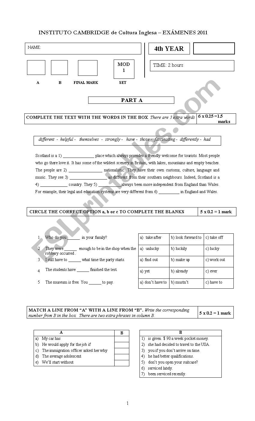 4TH YEAR FINAL TEST worksheet