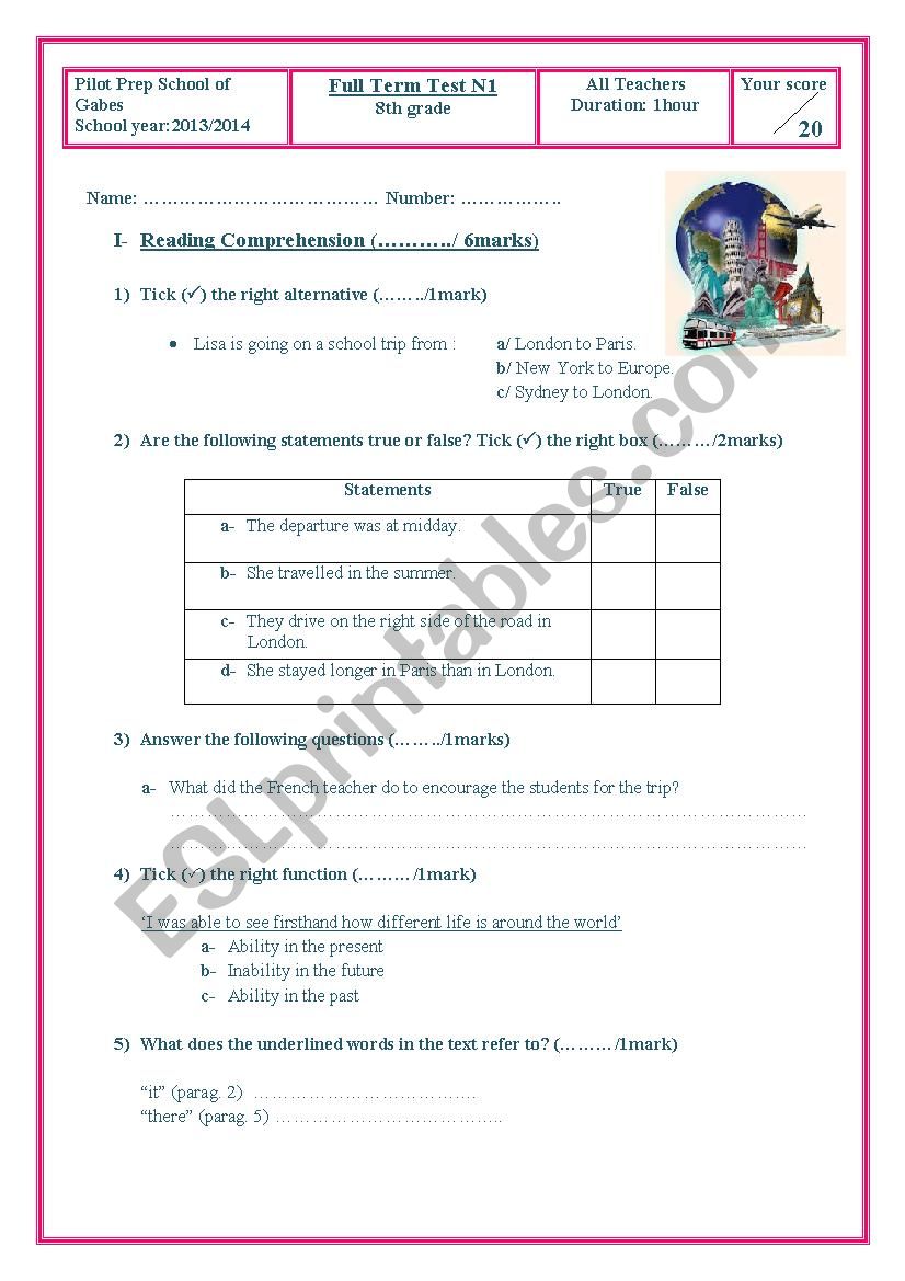 End of Term Test 1, 8th form students