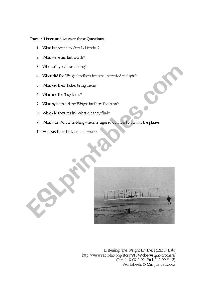 Wright Brothers listening worksheets with answers