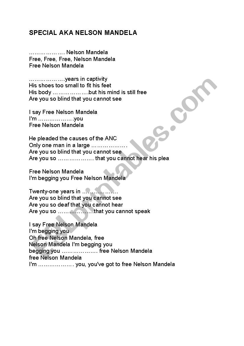 Special AKA Nelson Mandela worksheet