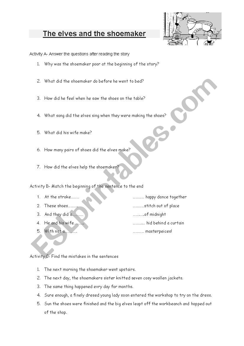 The Elves and the Shoemaker worksheet