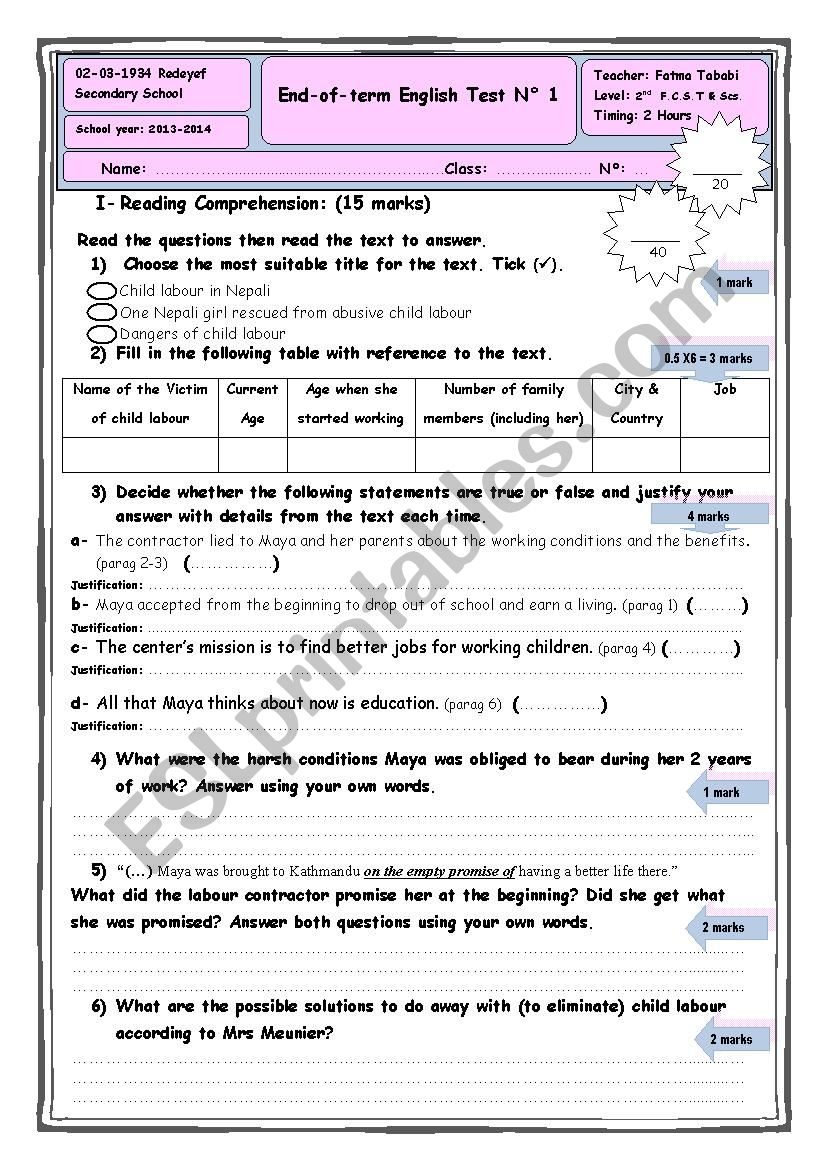 End-of-term Test N1 2nd form worksheet