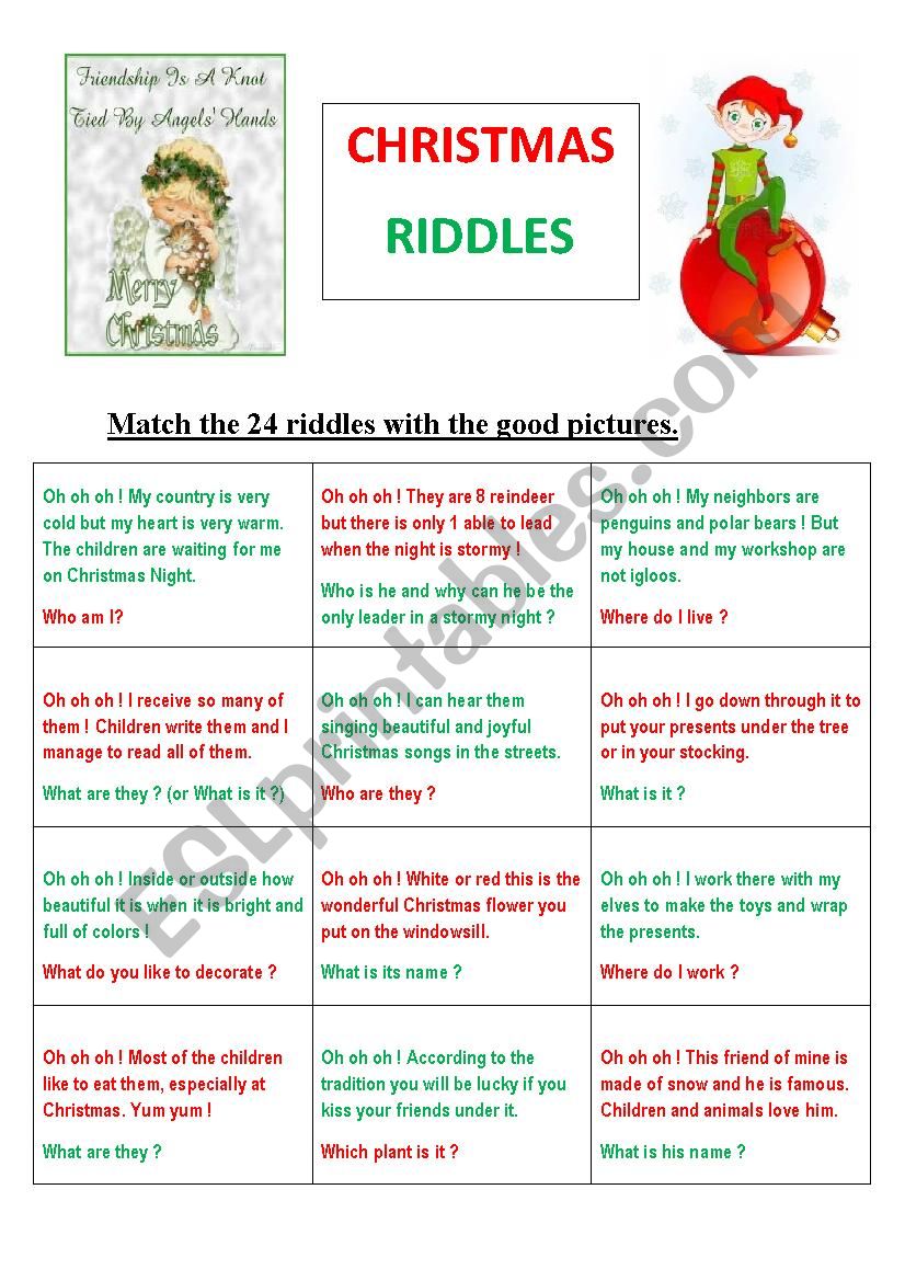 24 Christmas riddles (or memory game) - ESL worksheet by maryse peyé