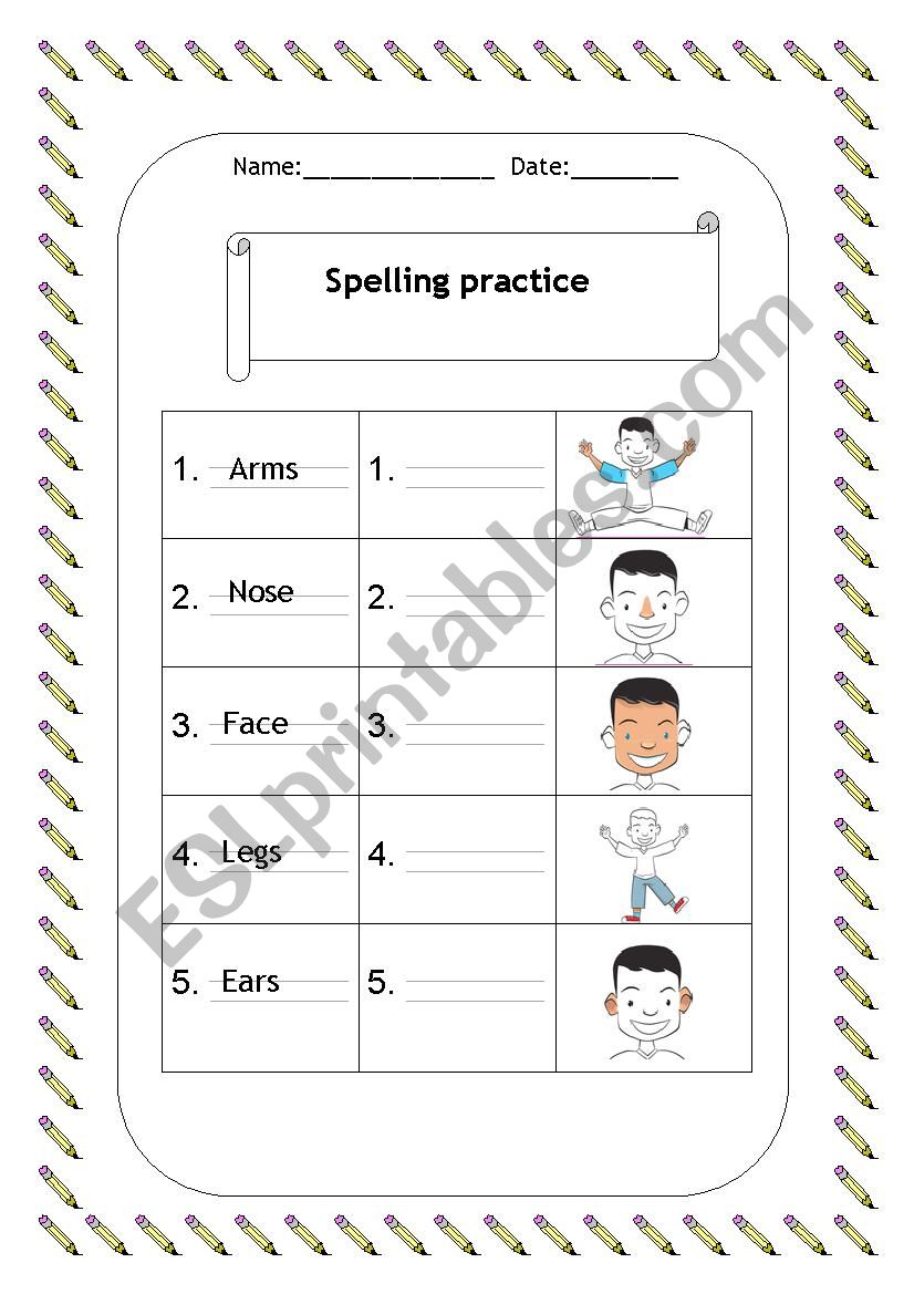 Spelling practice- body worksheet