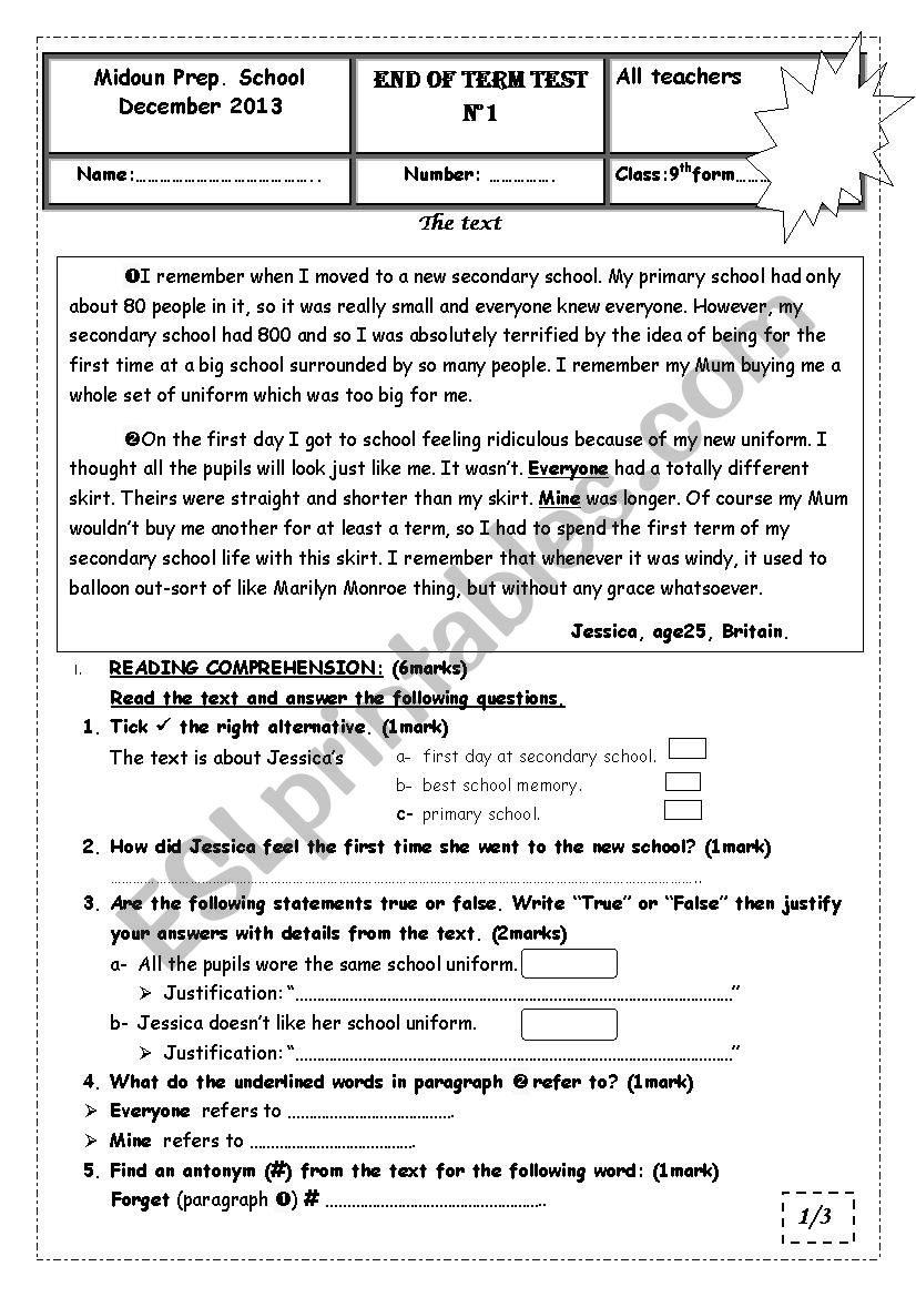 End of term test n1 worksheet