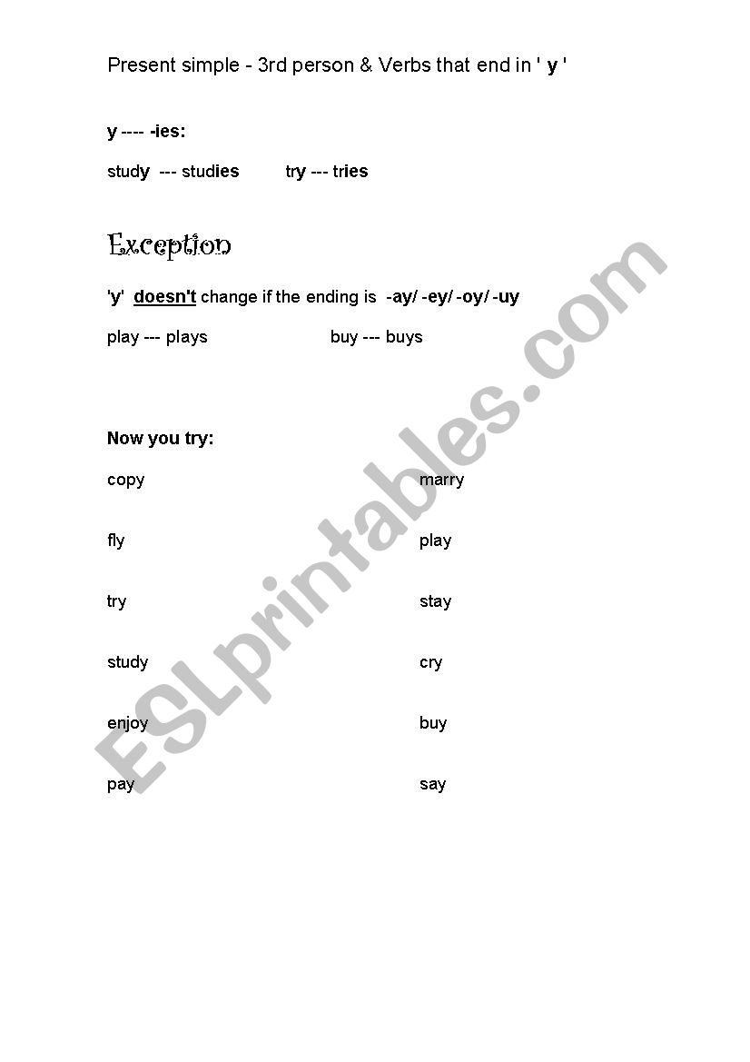 third person practice for verbs ending in y