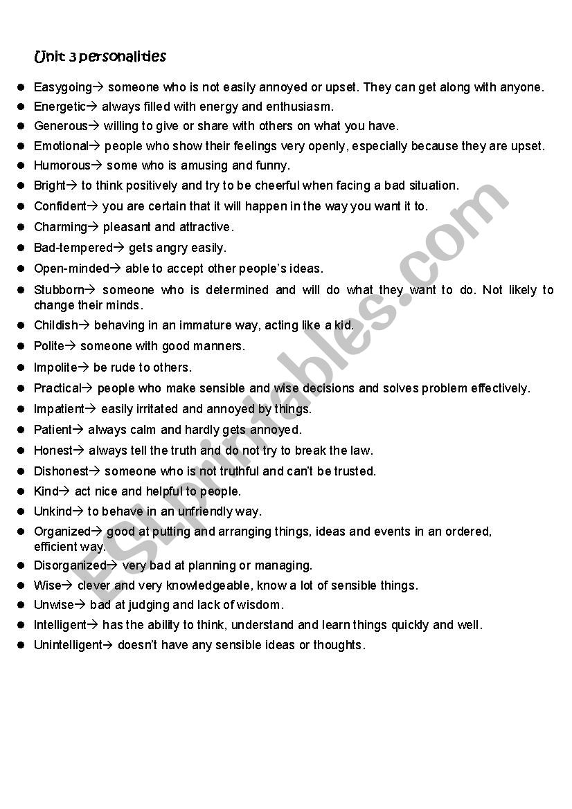 personality traits definition worksheet