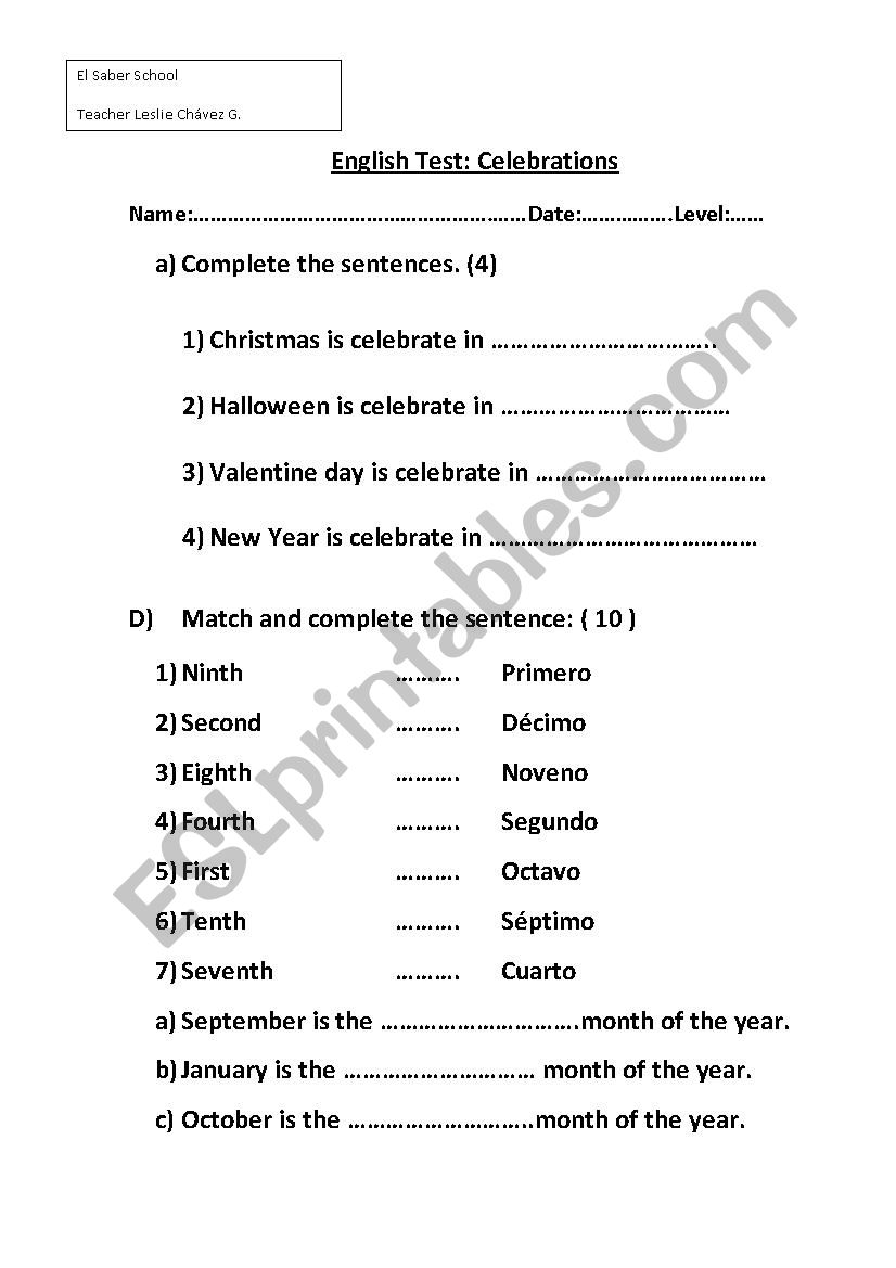 celebrations worksheet